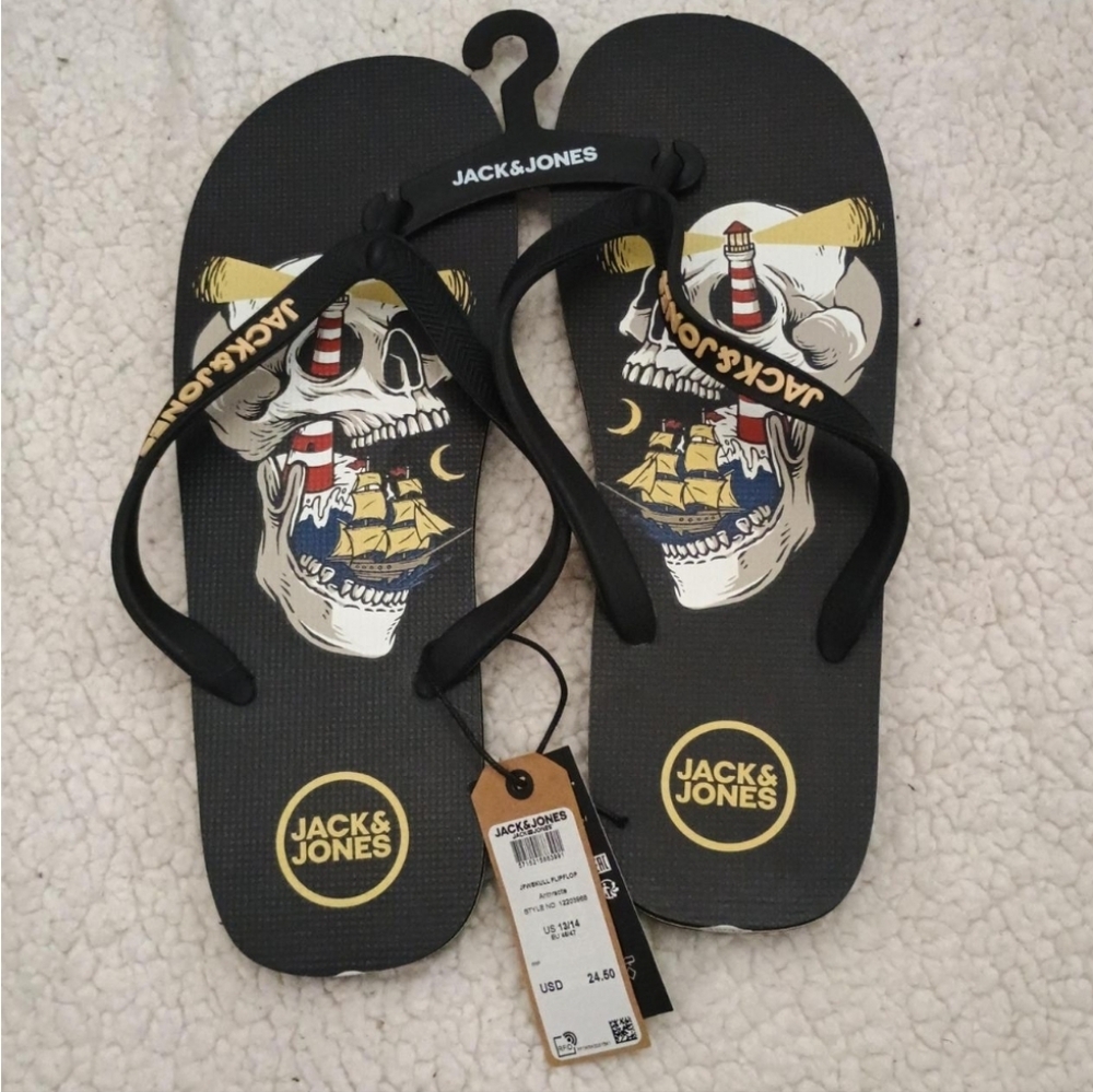 Jack & Jones Black Skull Graphic Flip Flops Size 13